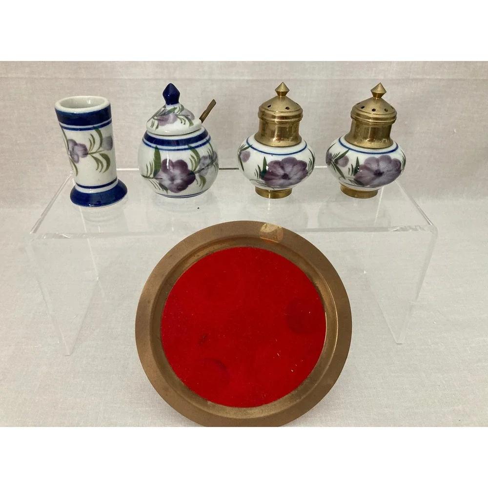 Vintage Thai Salt and Pepper Shaker Condiment Set w/ Oval Brass Tray